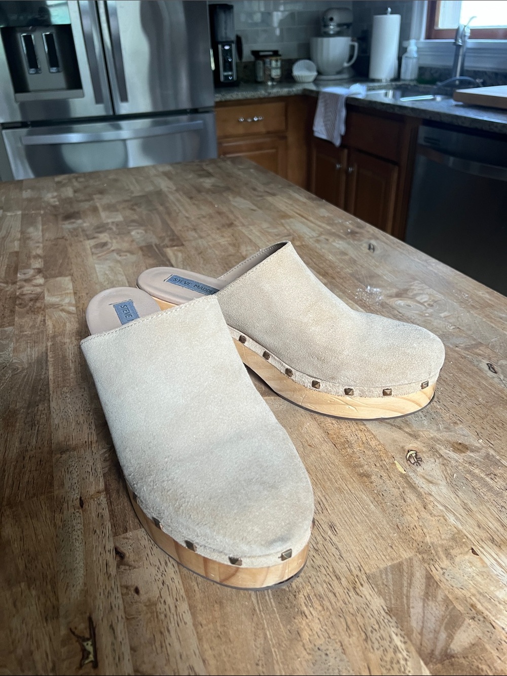 Steve Madden Beige Suede Clog Mules with Studded Wood Platform